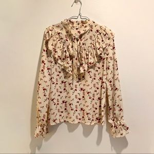 beige ditsy floral ruffle & bow blouse